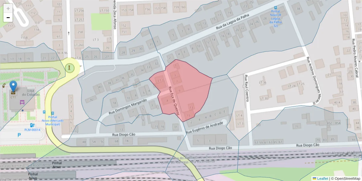 Mapa detalhado do código postal 2955-181 com limites, códigos postais vizinhos e agências dos correios
