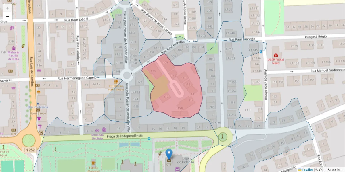 Mapa detalhado do código postal 2955-186 com limites, códigos postais vizinhos e agências dos correios
