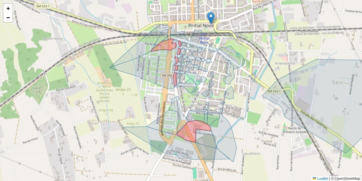 Mapa detalhado do código postal 2955-189 com limites, códigos postais vizinhos e agências dos correios