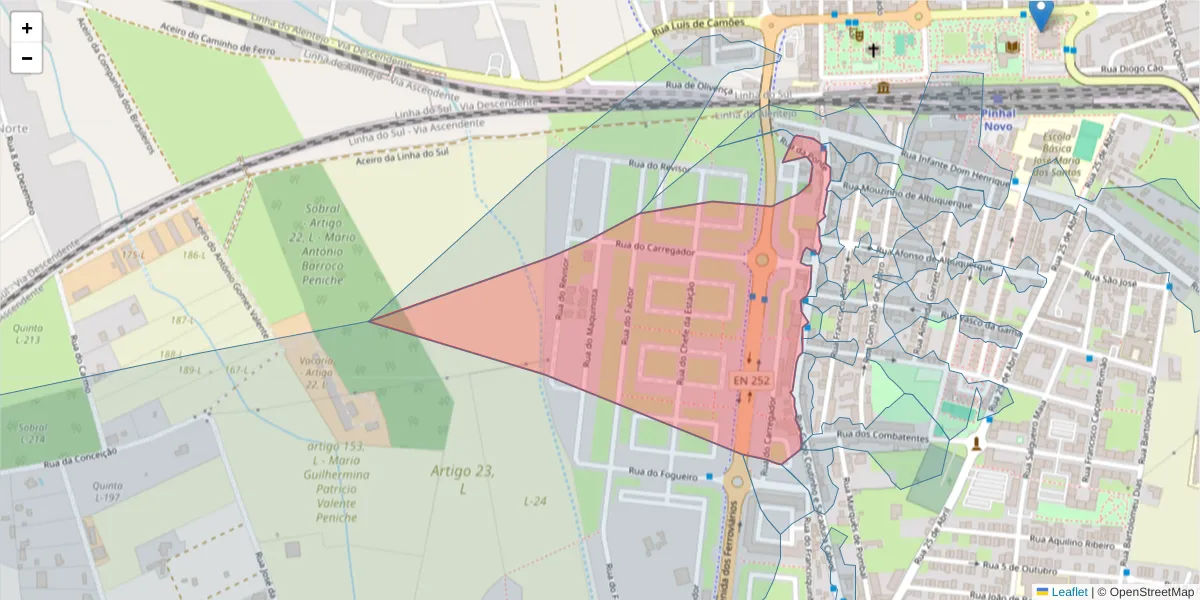 Mapa detalhado do código postal 2955-190 com limites, códigos postais vizinhos e agências dos correios