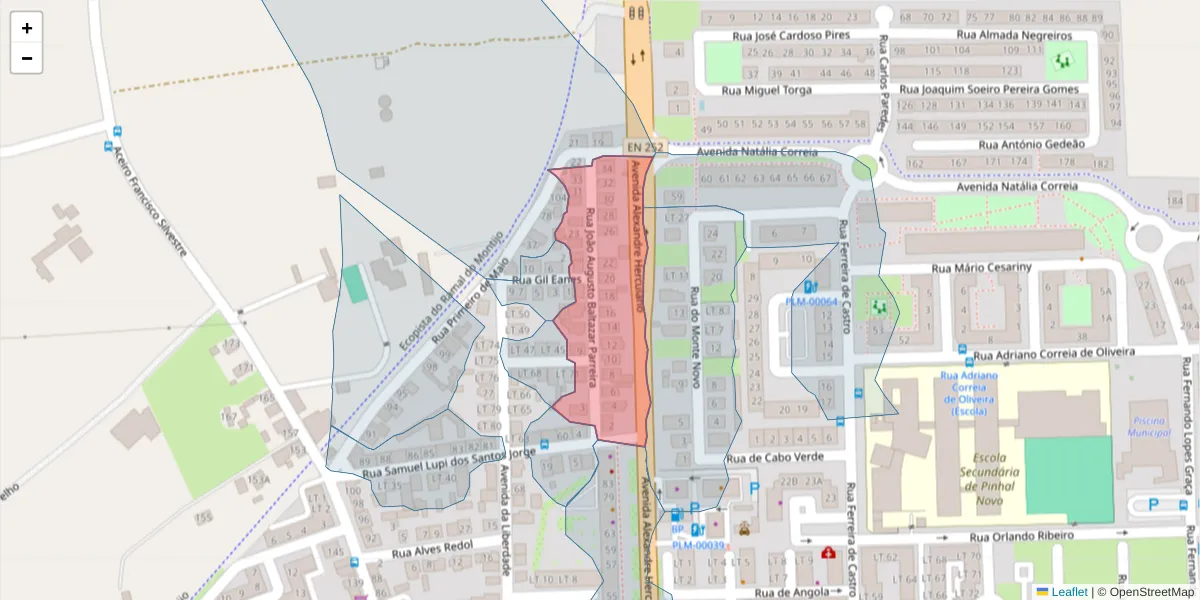 Mapa detalhado do código postal 2955-197 com limites, códigos postais vizinhos e agências dos correios