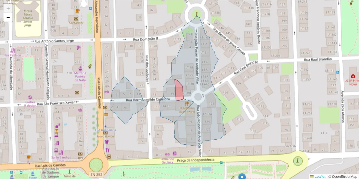 Mapa detalhado do código postal 2955-199;2955-195 com limites, códigos postais vizinhos e agências dos correios