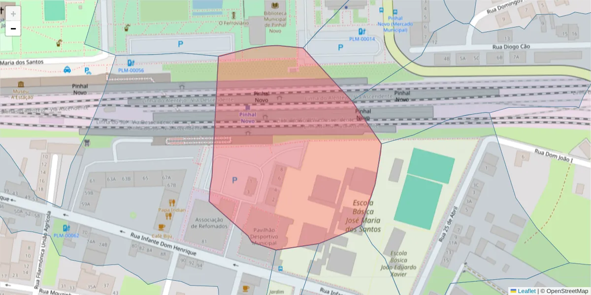 Mapa detalhado do código postal 2955-200 com limites, códigos postais vizinhos e agências dos correios