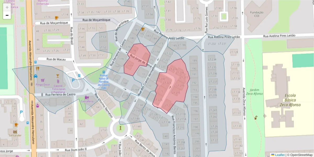 Mapa detalhado do código postal 2955-201 com limites, códigos postais vizinhos e agências dos correios