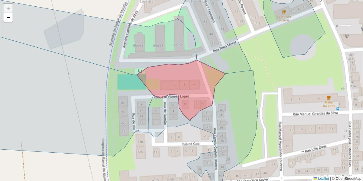 Mapa detalhado do código postal 2955-203 com limites, códigos postais vizinhos e agências dos correios
