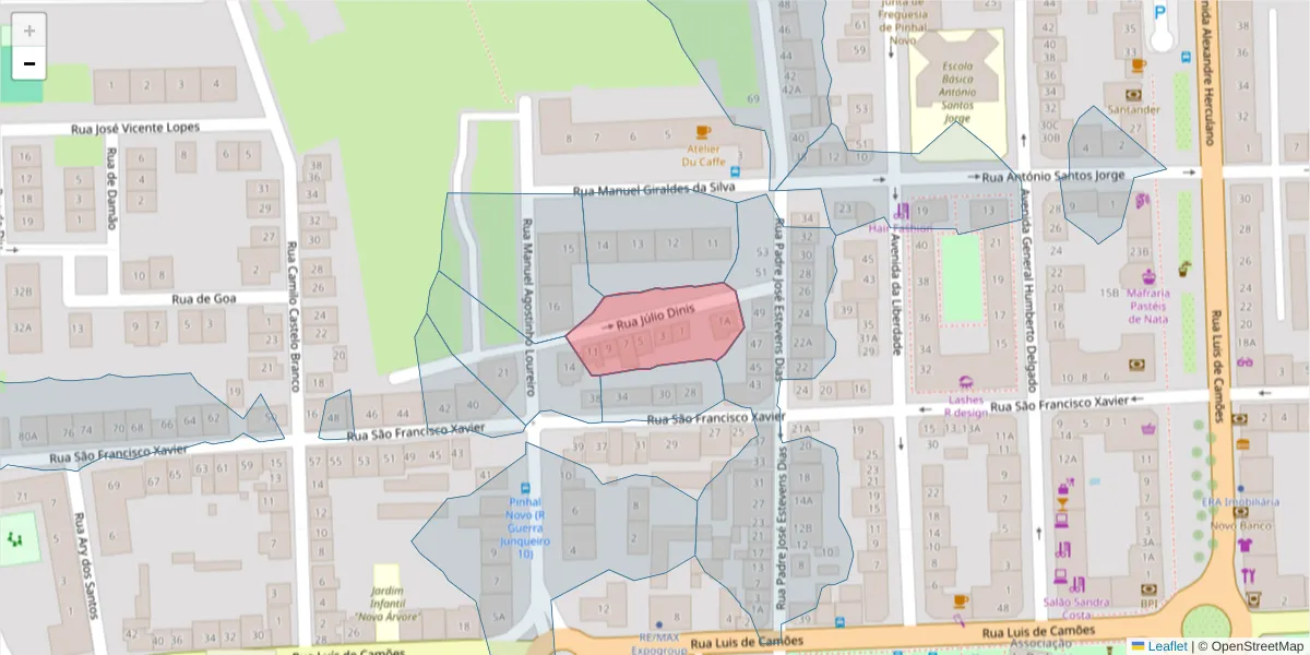 Mapa detalhado do código postal 2955-204 com limites, códigos postais vizinhos e agências dos correios