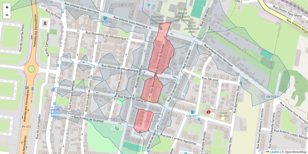 Mapa detalhado do código postal 2955-207 com limites, códigos postais vizinhos e agências dos correios