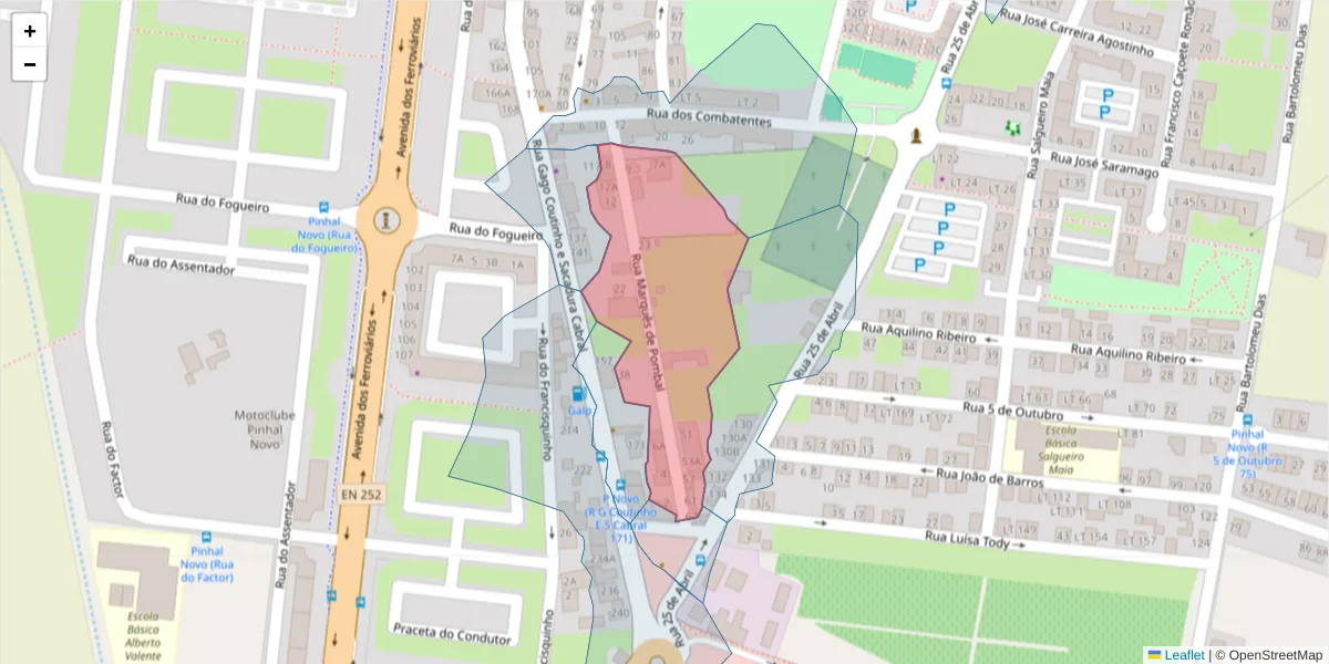 Mapa detalhado do código postal 2955-209 com limites, códigos postais vizinhos e agências dos correios