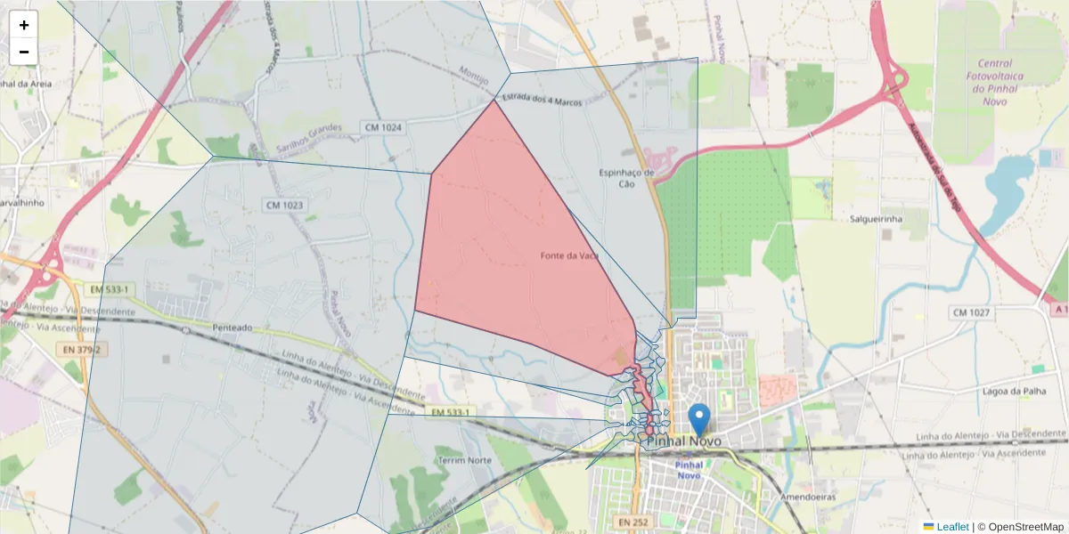 Mapa detalhado do código postal 2955-212 com limites, códigos postais vizinhos e agências dos correios