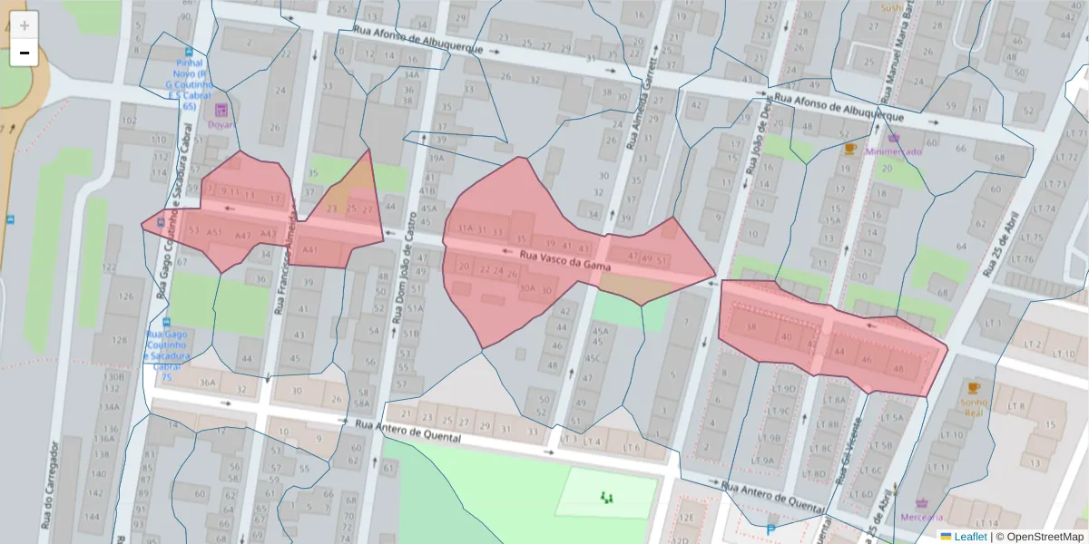 Mapa detalhado do código postal 2955-218 com limites, códigos postais vizinhos e agências dos correios