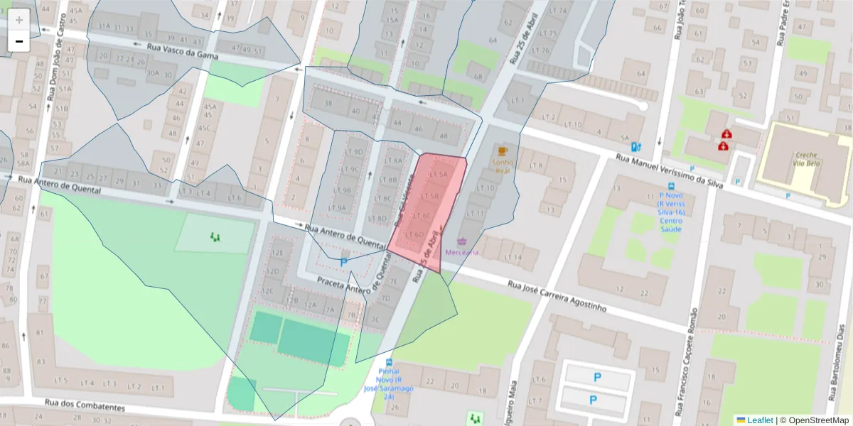 Mapa detalhado do código postal 2955-259 com limites, códigos postais vizinhos e agências dos correios