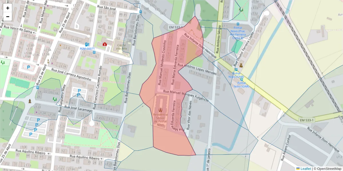 Mapa detalhado do código postal 2955-394 com limites, códigos postais vizinhos e agências dos correios