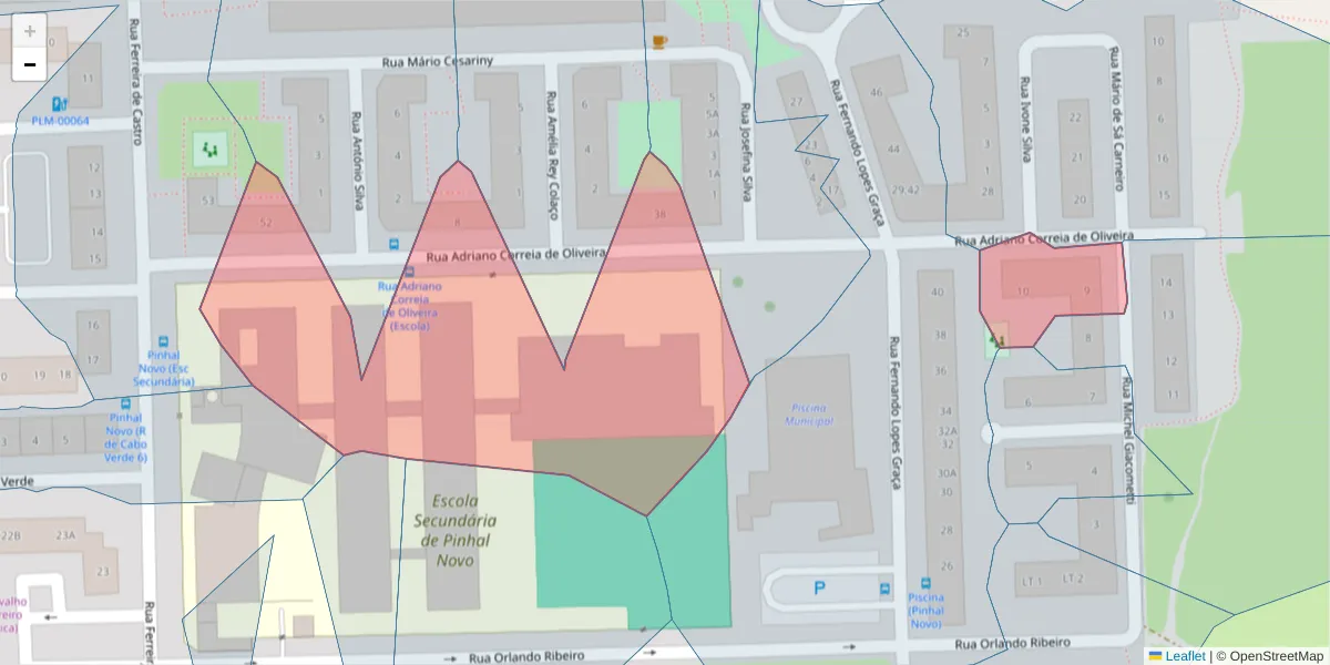 Mapa detalhado do código postal 2955-399 com limites, códigos postais vizinhos e agências dos correios
