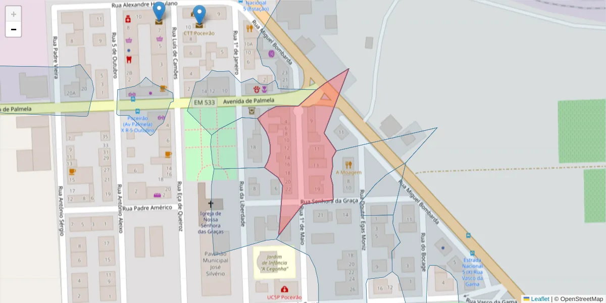 Mapa detalhado do código postal 2965-302 com limites, códigos postais vizinhos e agências dos correios