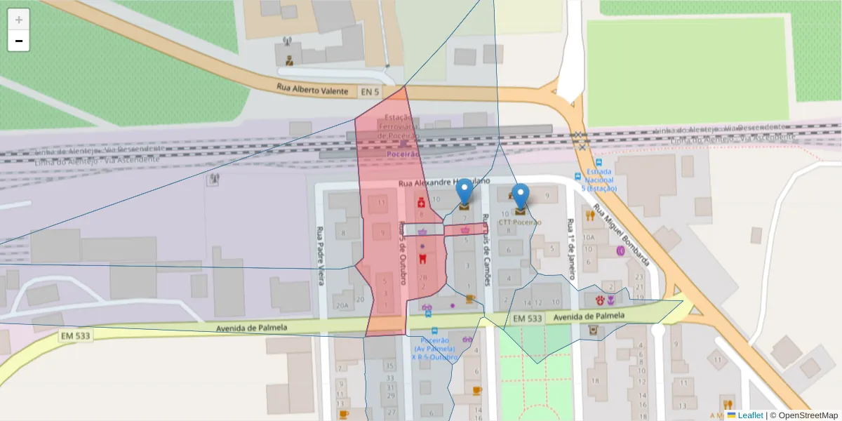 Mapa detalhado do código postal 2965-303 com limites, códigos postais vizinhos e agências dos correios