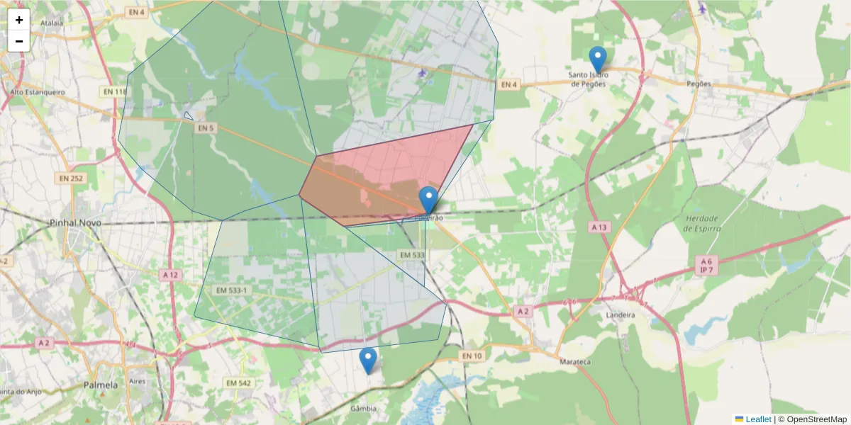 Mapa detalhado do código postal 2965-309 com limites, códigos postais vizinhos e agências dos correios