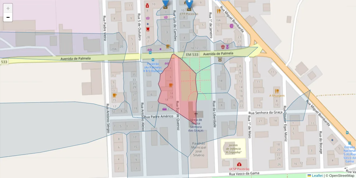 Mapa detalhado do código postal 2965-310 com limites, códigos postais vizinhos e agências dos correios