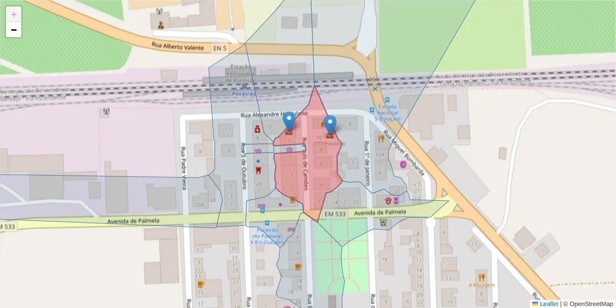 Mapa detalhado do código postal 2965-314 com limites, códigos postais vizinhos e agências dos correios
