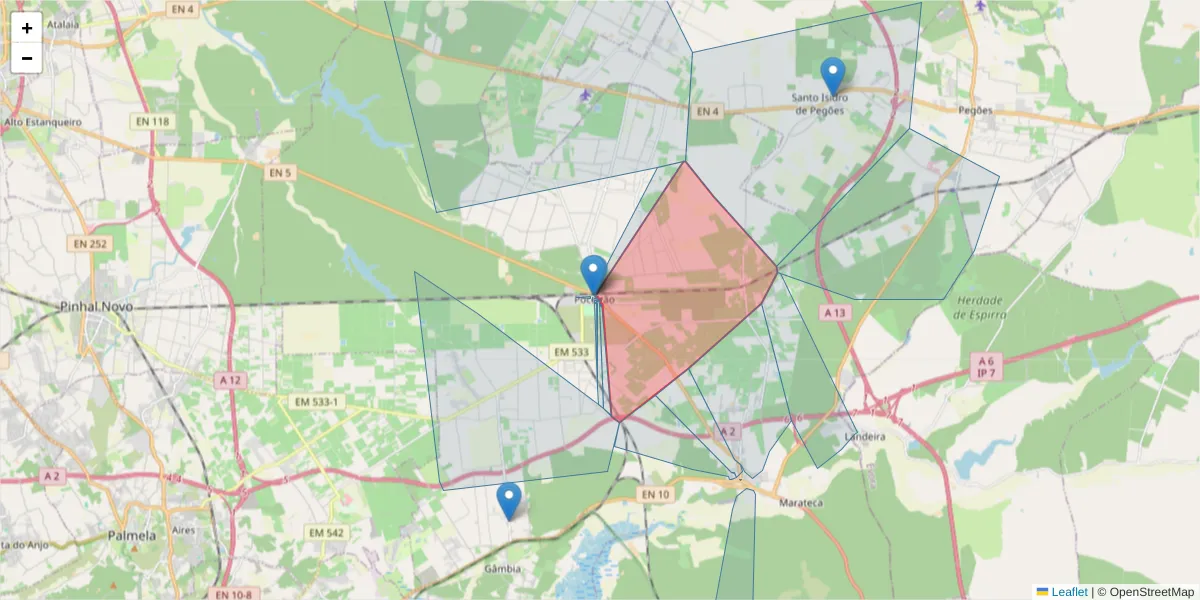 Mapa detalhado do código postal 2965-315 com limites, códigos postais vizinhos e agências dos correios