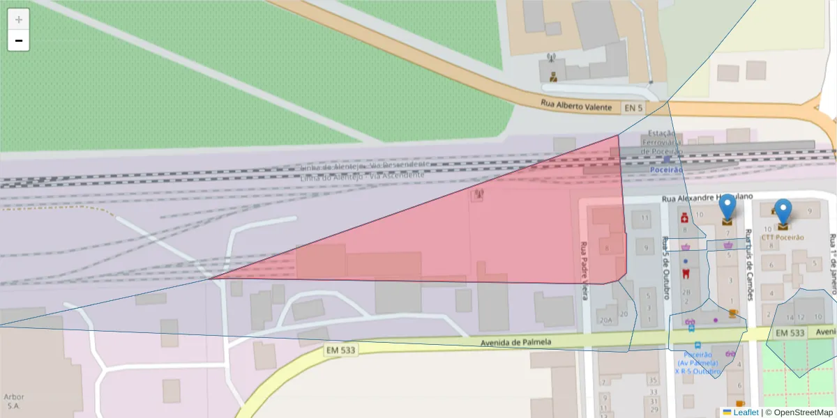Mapa detalhado do código postal 2965-318 com limites, códigos postais vizinhos e agências dos correios
