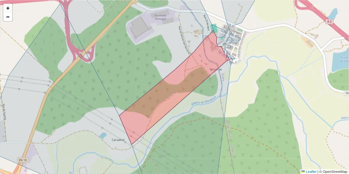 Mapa detalhado do código postal 2965-402 com limites, códigos postais vizinhos e agências dos correios