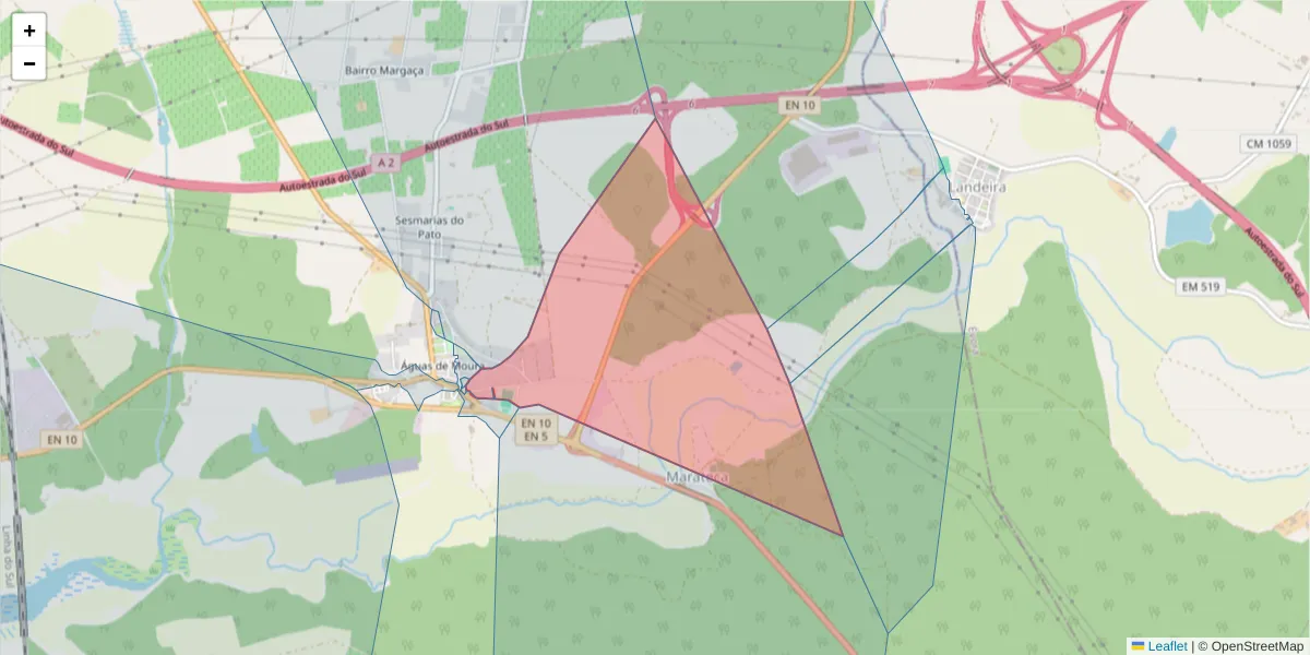 Mapa detalhado do código postal 2965-555 com limites, códigos postais vizinhos e agências dos correios