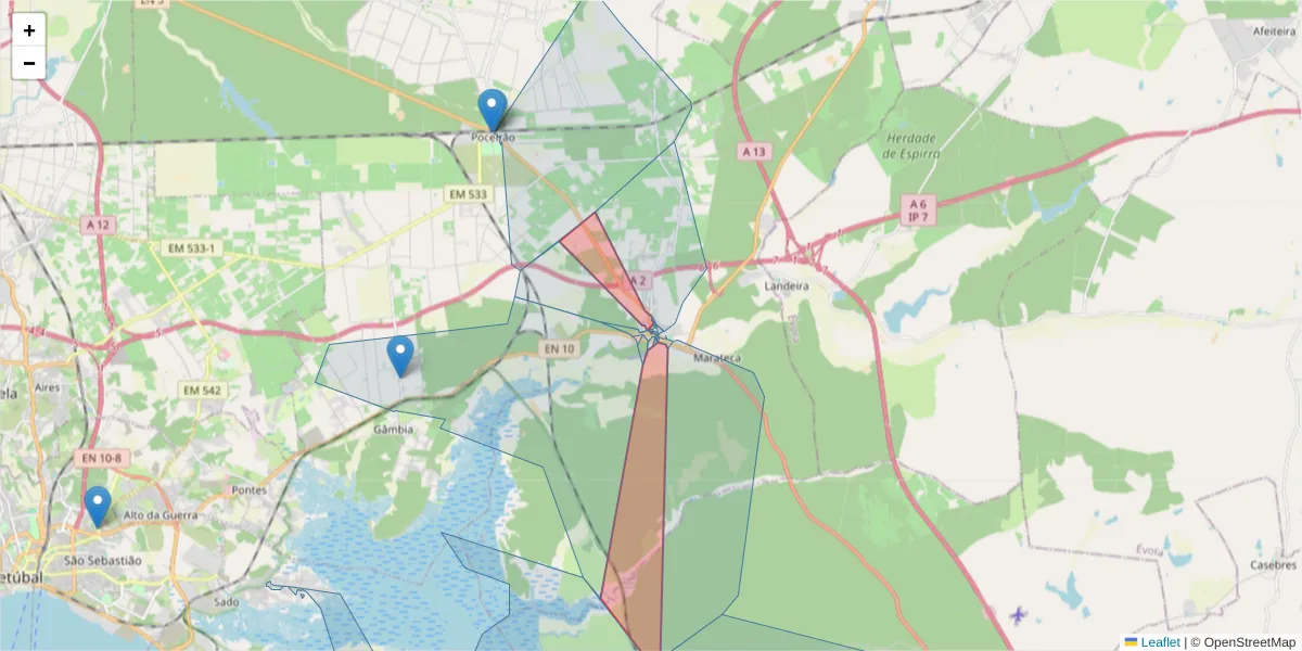 Mapa detalhado do código postal 2965-568 com limites, códigos postais vizinhos e agências dos correios