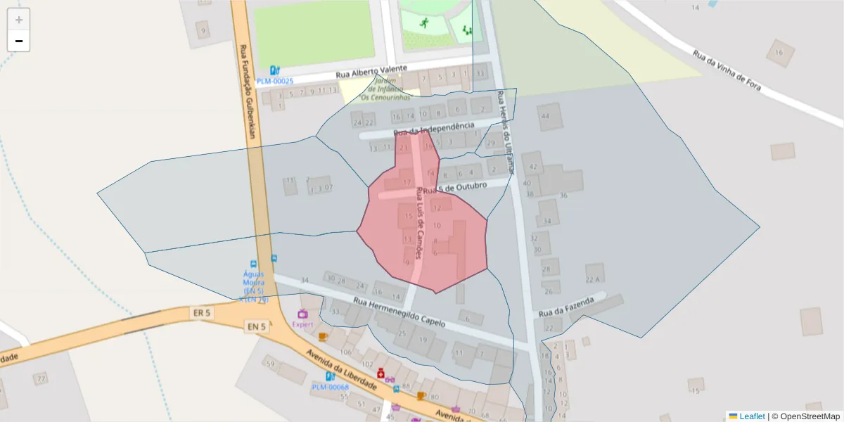 Mapa detalhado do código postal 2965-577 com limites, códigos postais vizinhos e agências dos correios