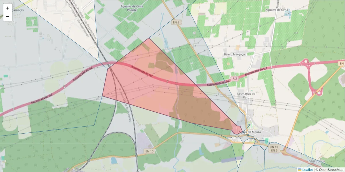 Mapa detalhado do código postal 2965-579 com limites, códigos postais vizinhos e agências dos correios