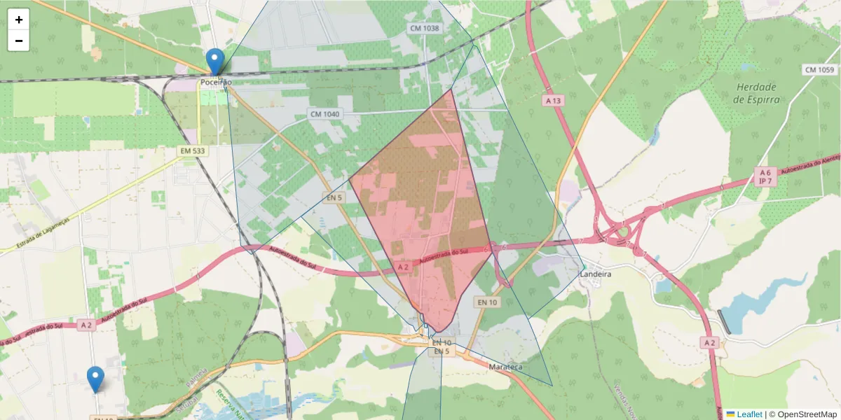 Mapa detalhado do código postal 2965-587 com limites, códigos postais vizinhos e agências dos correios