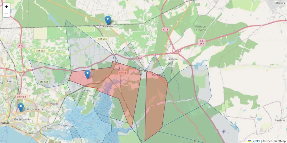Mapa detalhado do código postal 2965-589 com limites, códigos postais vizinhos e agências dos correios