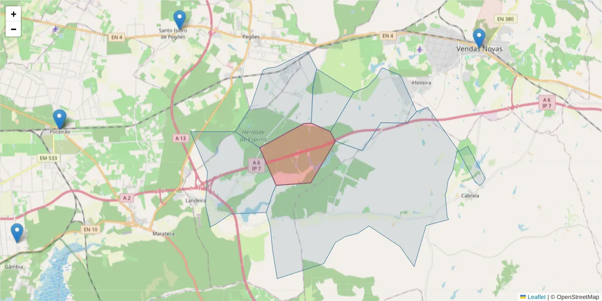 Mapa detalhado do código postal 2965-909 com limites, códigos postais vizinhos e agências dos correios