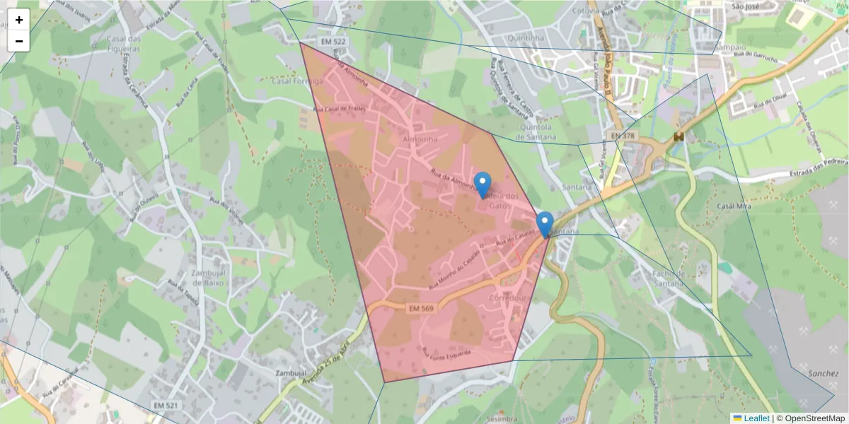 Mapa detalhado do código postal 2970-047 com limites, códigos postais vizinhos e agências dos correios