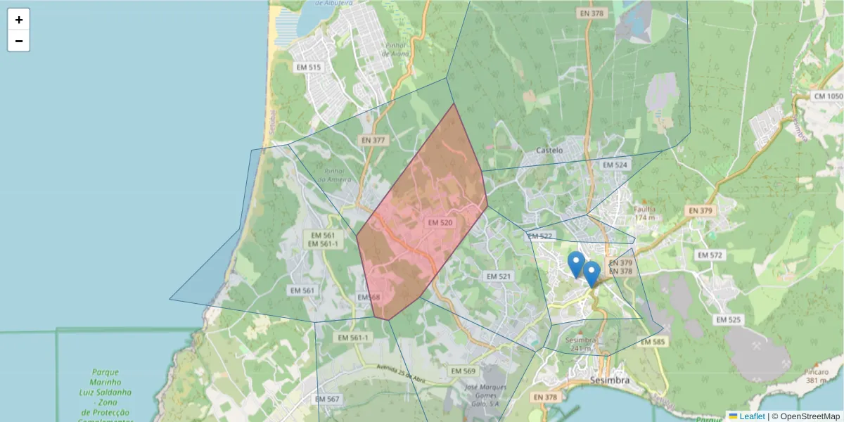 Mapa detalhado do código postal 2970-103 com limites, códigos postais vizinhos e agências dos correios