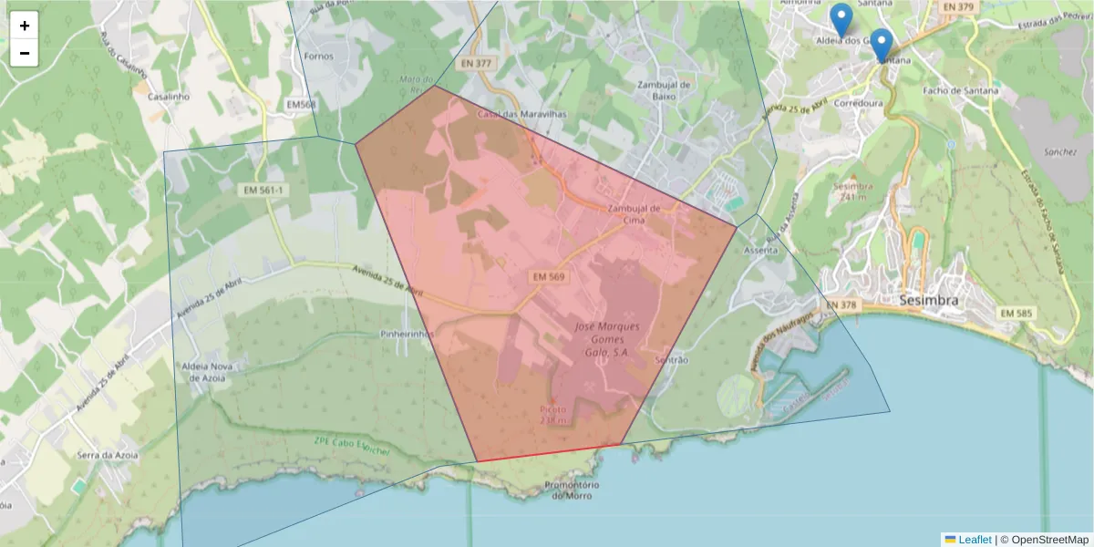Mapa detalhado do código postal 2970-129 com limites, códigos postais vizinhos e agências dos correios