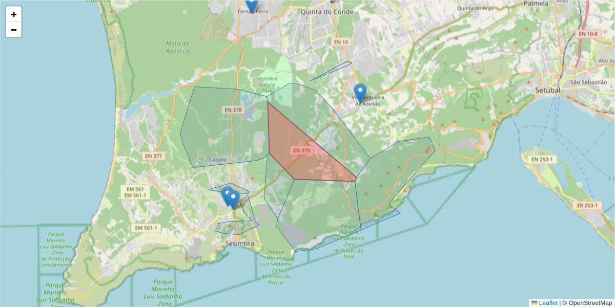 Mapa detalhado do código postal 2970-141 com limites, códigos postais vizinhos e agências dos correios