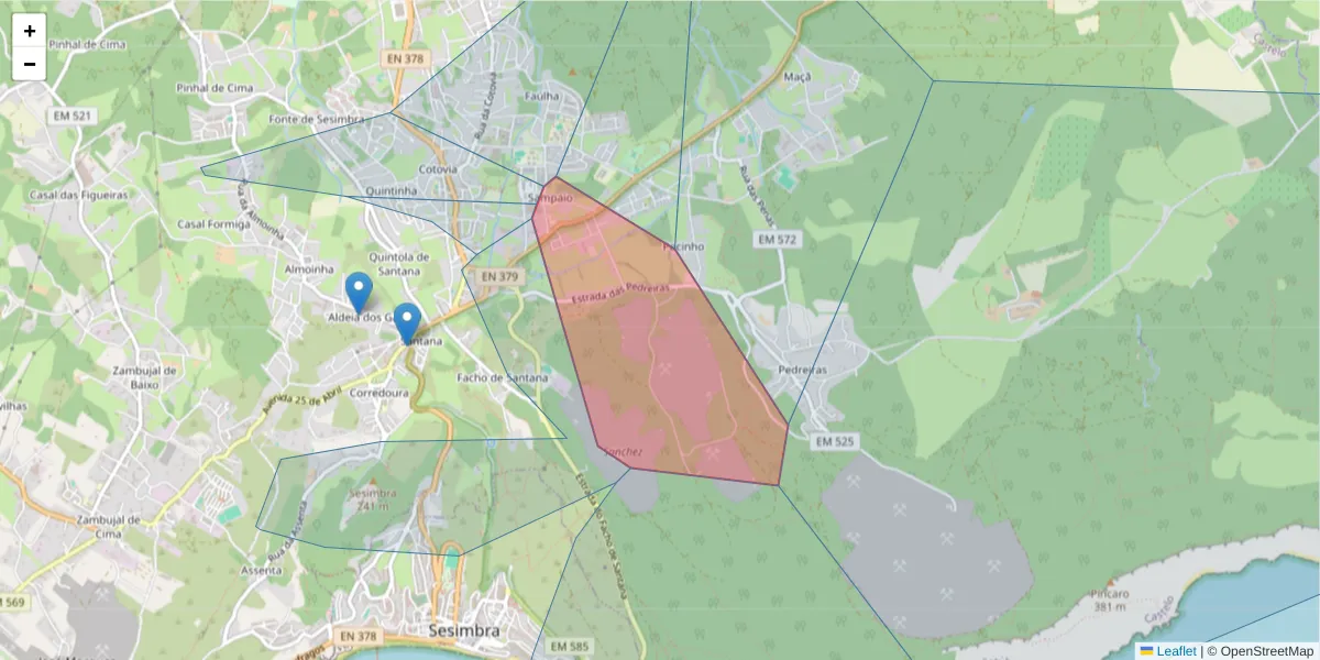 Mapa detalhado do código postal 2970-575 com limites, códigos postais vizinhos e agências dos correios