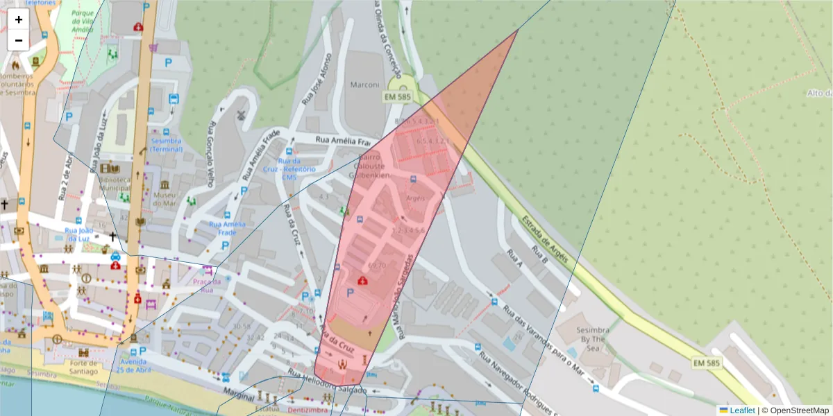 Mapa detalhado do código postal 2970-716 com limites, códigos postais vizinhos e agências dos correios