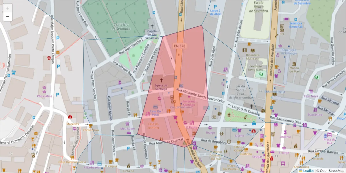 Mapa detalhado do código postal 2970-724 com limites, códigos postais vizinhos e agências dos correios
