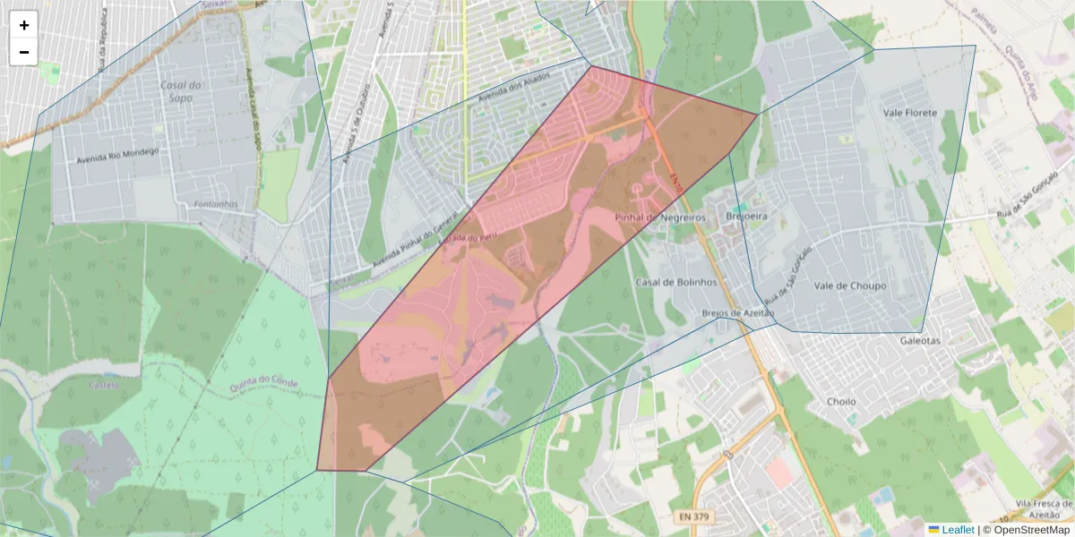 Mapa detalhado do código postal 2975-107 com limites, códigos postais vizinhos e agências dos correios