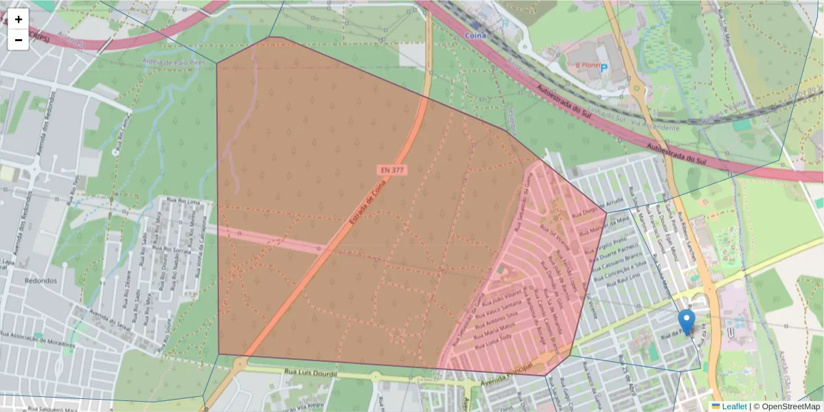 Mapa detalhado do código postal 2975-285 com limites, códigos postais vizinhos e agências dos correios
