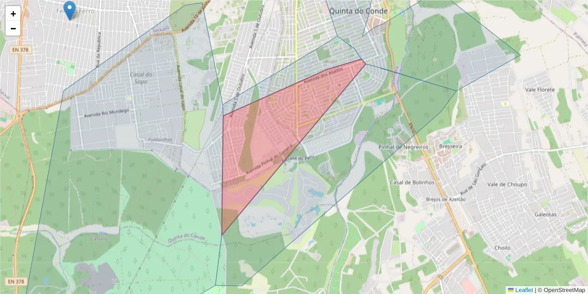 Mapa detalhado do código postal 2975-310 com limites, códigos postais vizinhos e agências dos correios