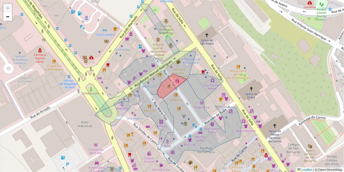 Mapa detalhado do código postal 3000-001 com limites, códigos postais vizinhos e agências dos correios