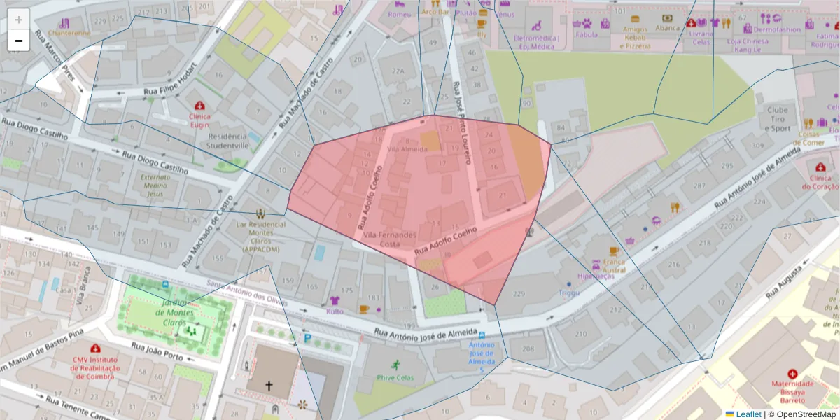 Mapa detalhado do código postal 3000-005 com limites, códigos postais vizinhos e agências dos correios