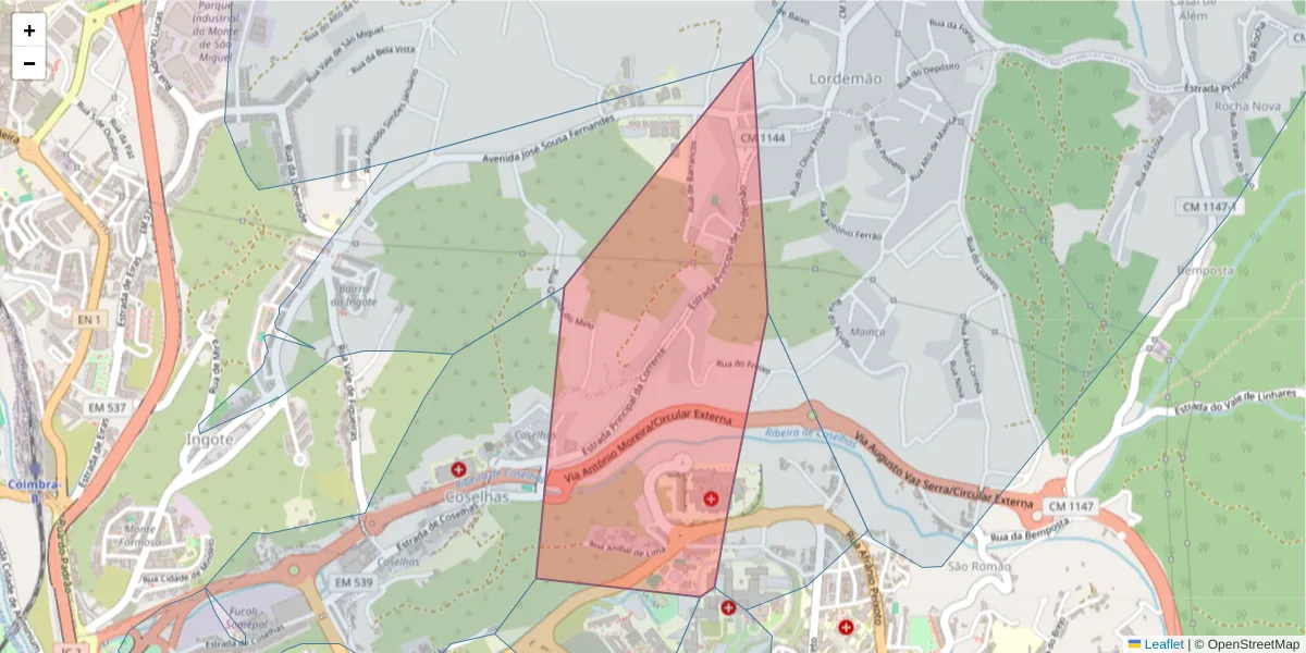 Mapa detalhado do código postal 3000-030 com limites, códigos postais vizinhos e agências dos correios