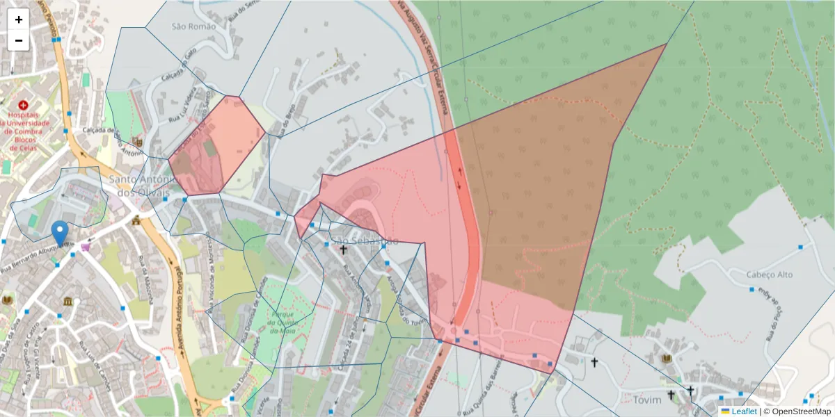 Mapa detalhado do código postal 3000-086 com limites, códigos postais vizinhos e agências dos correios