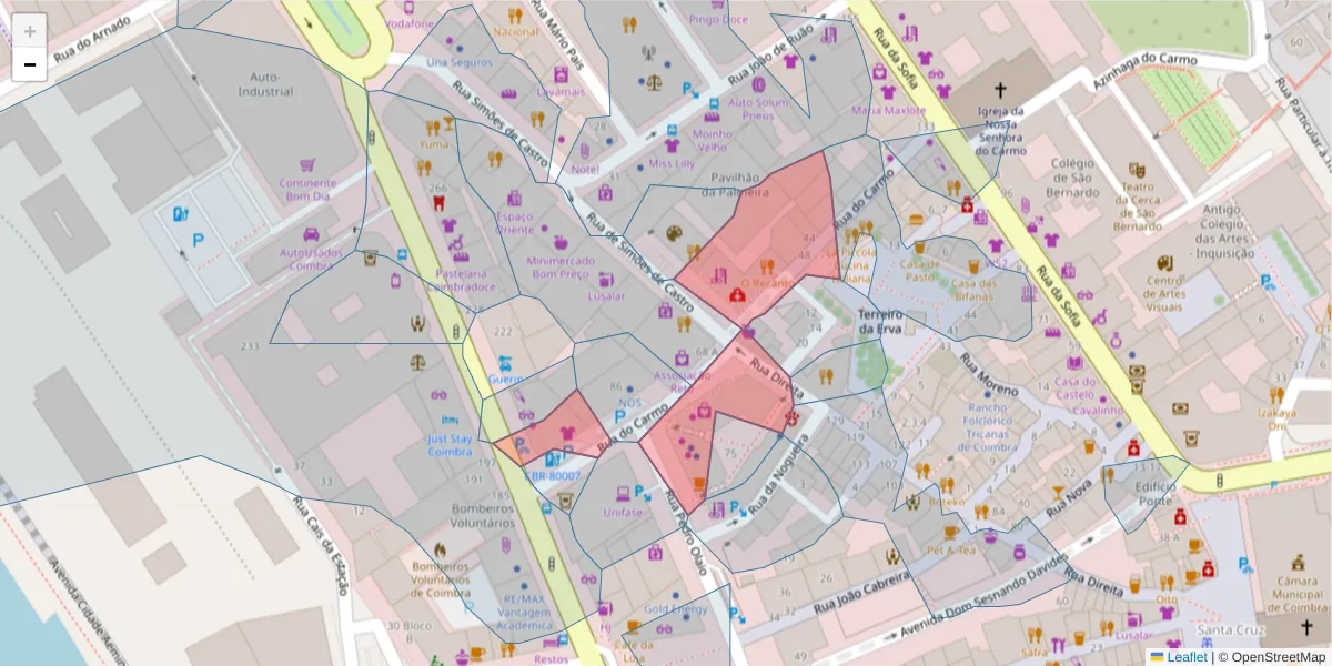 Mapa detalhado do código postal 3000-098 com limites, códigos postais vizinhos e agências dos correios
