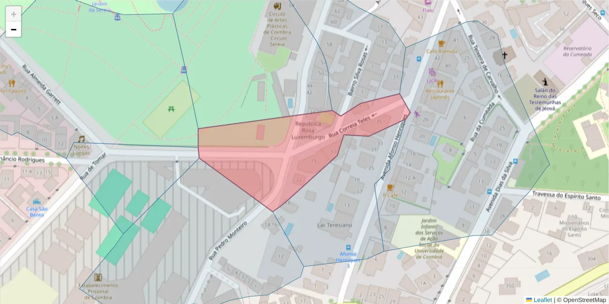 Mapa detalhado do código postal 3000-123 com limites, códigos postais vizinhos e agências dos correios
