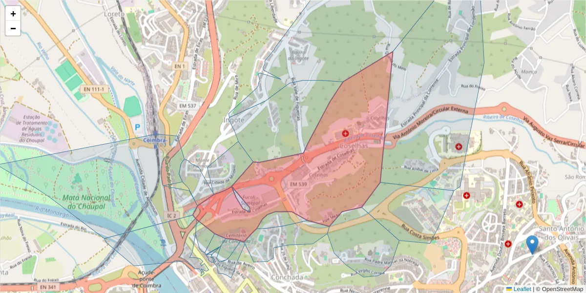 Mapa detalhado do código postal 3000-125 com limites, códigos postais vizinhos e agências dos correios