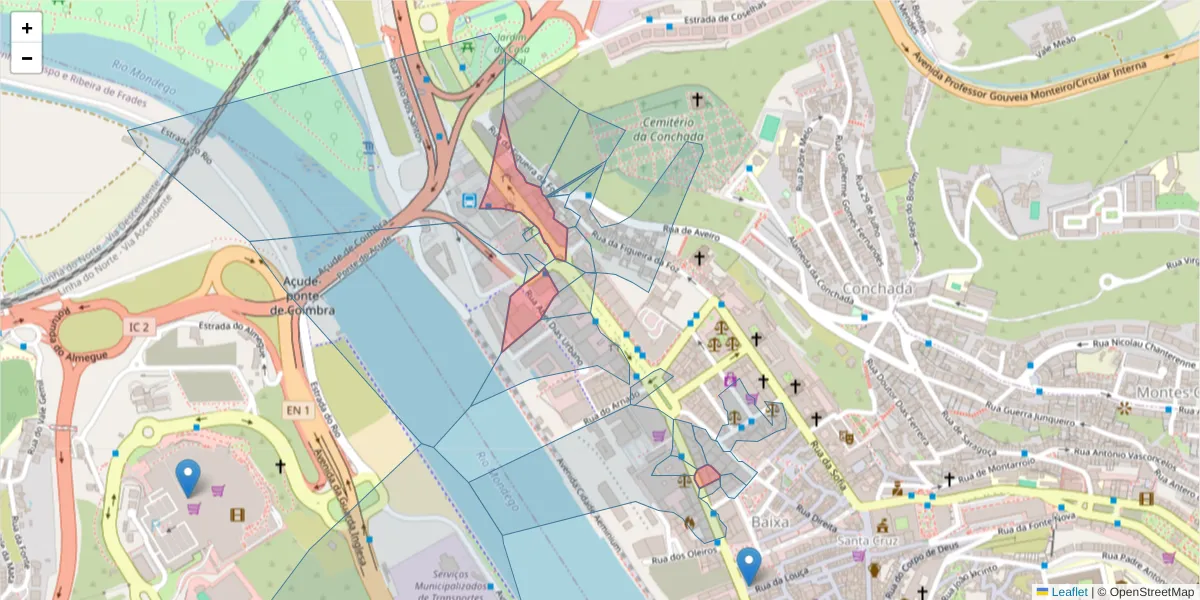 Mapa detalhado do código postal 3000-174 com limites, códigos postais vizinhos e agências dos correios